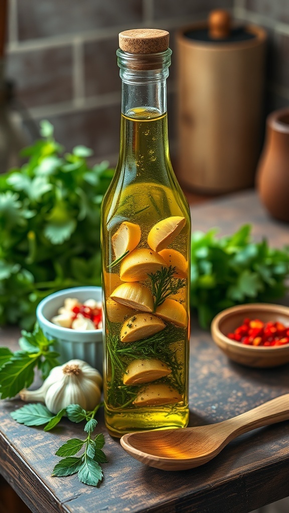 A bottle of homemade seasoning oil with herbs and garlic, surrounded by fresh ingredients on a kitchen counter.